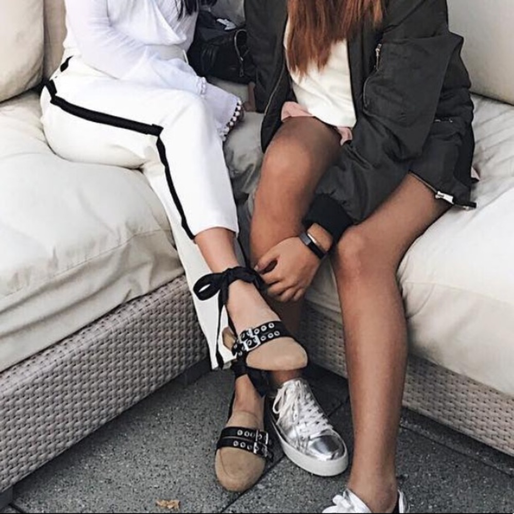 Two tone mules with ribbon ankle tie